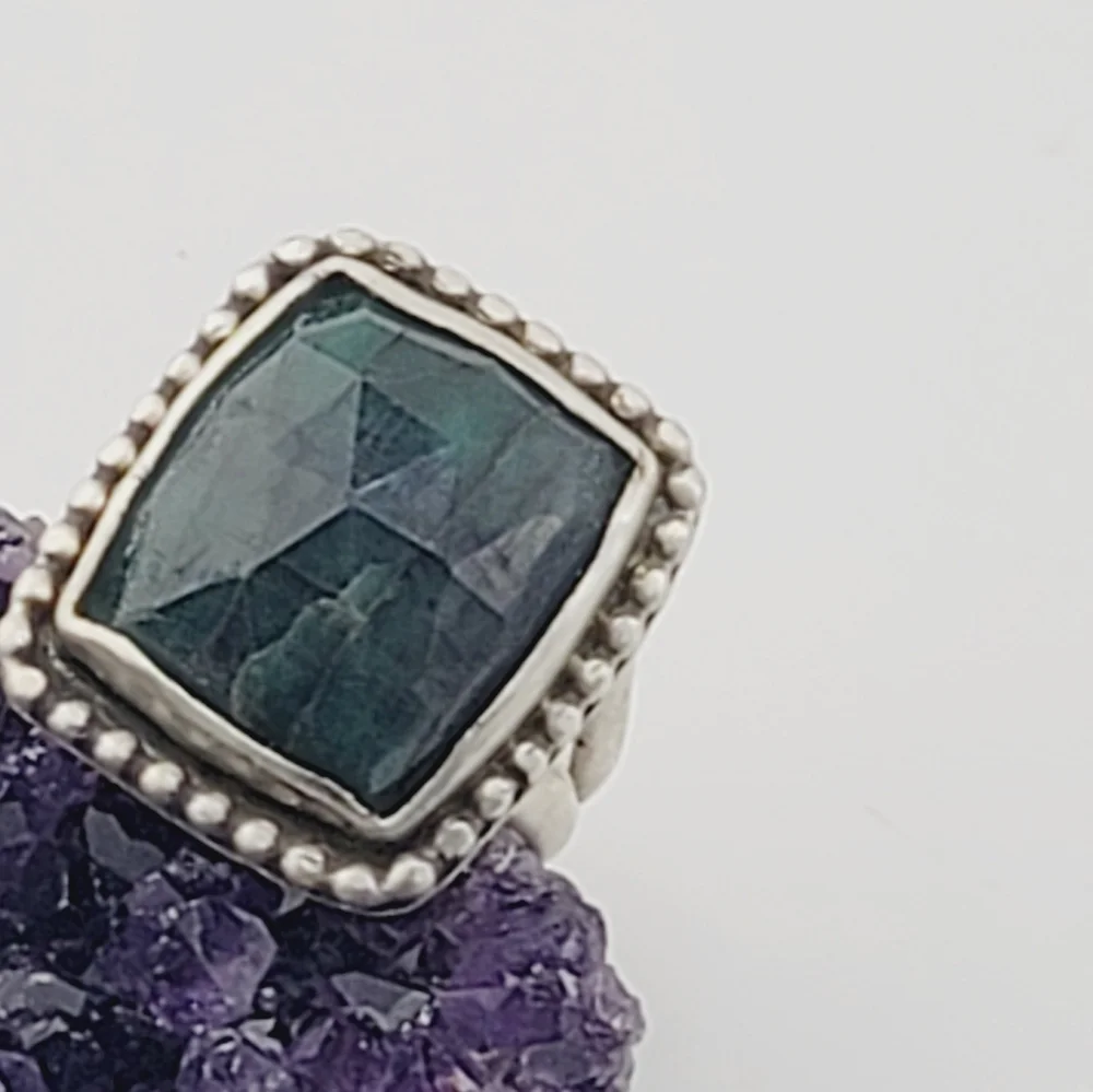EMERALD SQUARE RING HANDMADE IN STERLING SILVER METAL SIZE 7.5